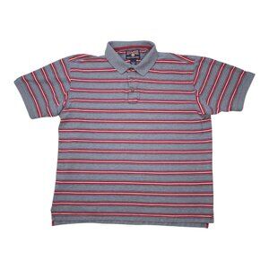 Duluth Trading Co. Mens L Gray Polo Shirt With Red & White Stripes Short Sleeves